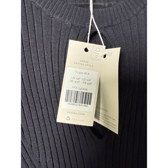 NWT Boden Long Sleeve Ribbed Knit US 10P Black Midi Dress Keyhole Siren Bodycon - Picture 9 of 13